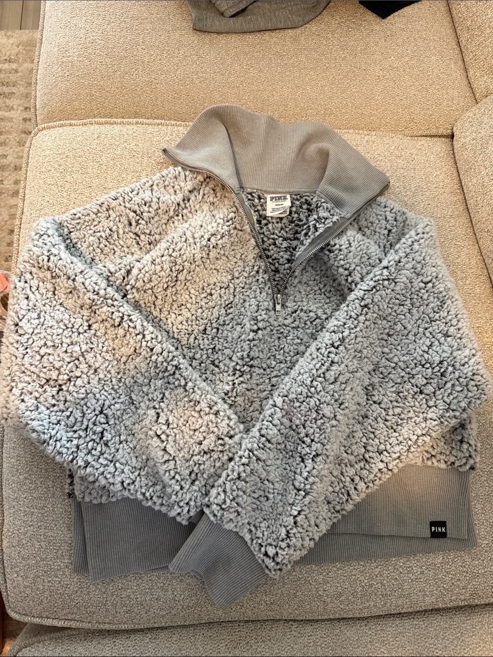PINK Sherpa Quarter-Zip Pullover Jacket - Light Gray cropped